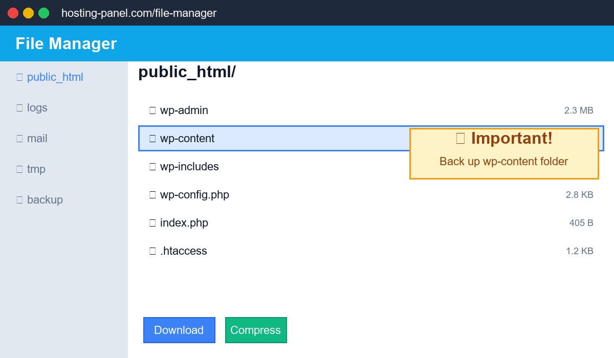 File Manager showing WordPress files with wp-content folder highlighted