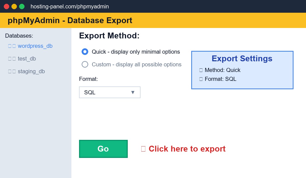 phpMyAdmin export screen with Quick method and SQL format selected